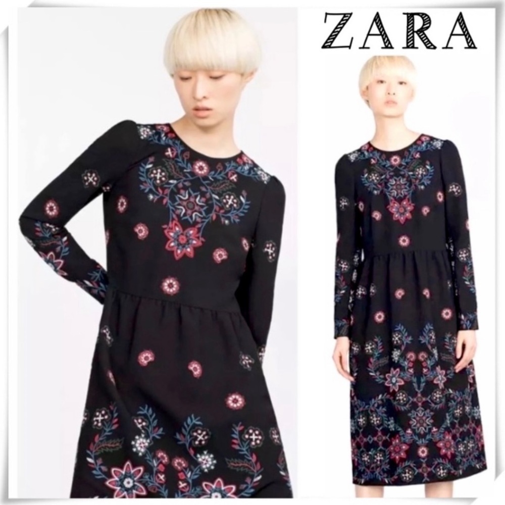 Zara Floral Embroidered Long Sleeve Midi Dress in Black with Red
